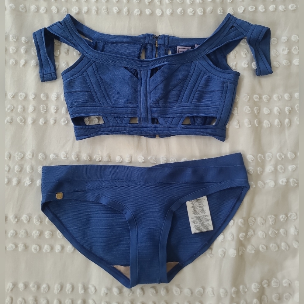 Herve Leger Bandage Cutout 2 Piece swimsuit Small Blue